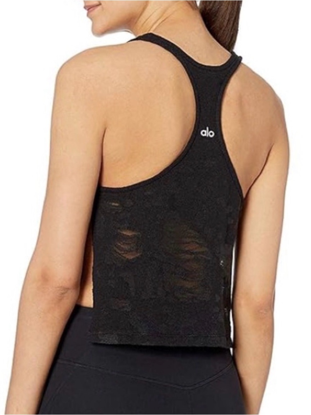 Alo Yoga Black Distressed Terrycloth Racerback Tank Top Athleisure Crop